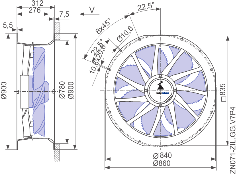 ZN071-ZIL.GL.V7P4 380/480V 4.2kW 6.8A 1530rpm ZIEHL-ABEGG Axial Fan