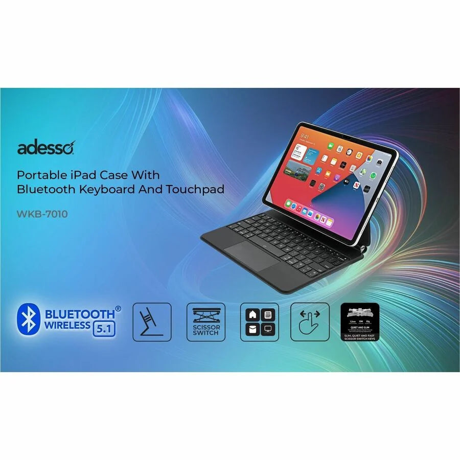 Adesso Portable Keyboard/Cover Case for 10.9" to 11" Apple iPad Pro 11 (2018), iPad Pro 11 (2020), iPad Pro 11 (2021), iPad Pro 11 (2022), iPad Air (4th Generation), iPad Air (5th Generation), iPad Air (6th Generation) Tablet - English (US) Keyboard