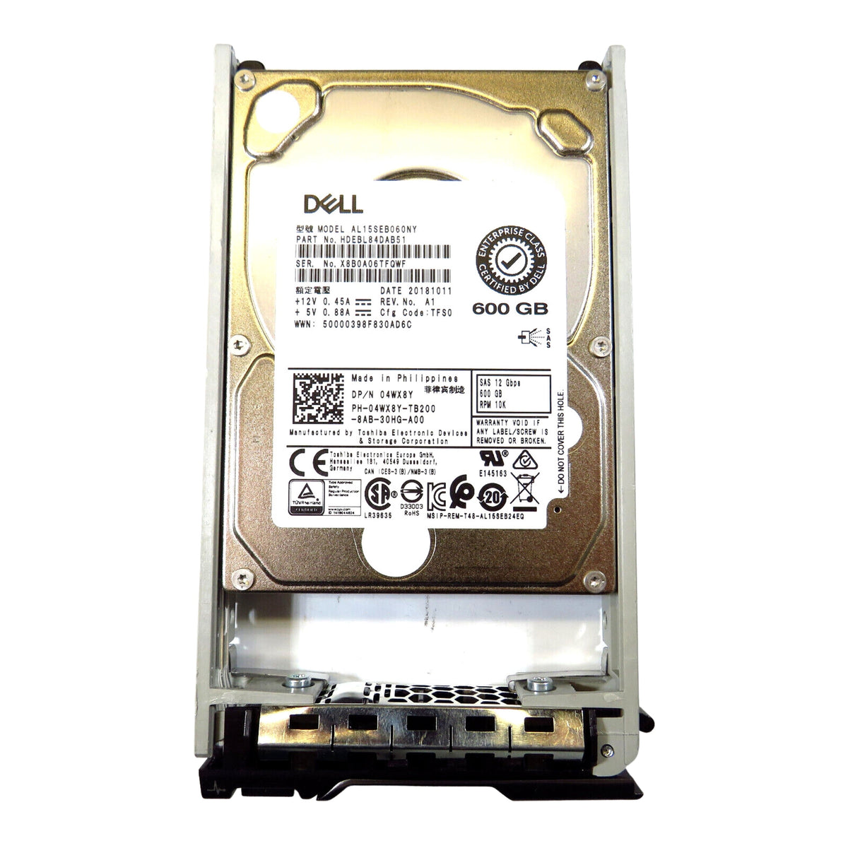 Dell 4WX8Y 2.5" 600GB 10000RPM SAS 12Gb/s Hard Disk Drive (HDD), Silver (Refurbished)