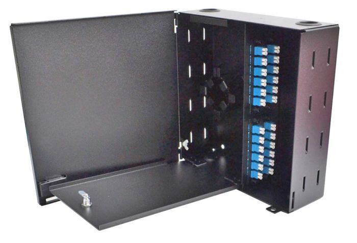 Wall Mount Enclosure 4 Panel Deluxe Loaded with 4 Duplex LC/UPC Plates Pigtails & Splice Trays Black