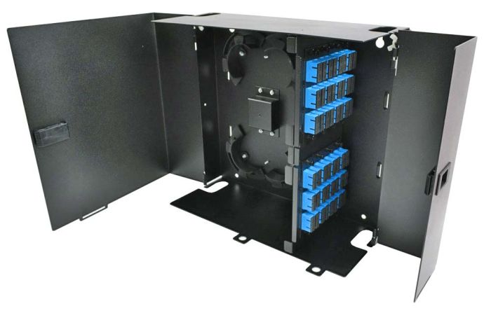 Wall Mount Enclosure 8 Panel Deluxe Loaded with 8 Duplex SC OM3 Plates Pigtails & Splice Trays Black