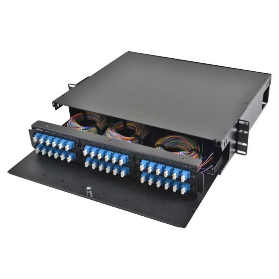 Rack Mount Enclosure 2RU Loaded with 6 Duplex LC/APC Plates & Splice Trays Black