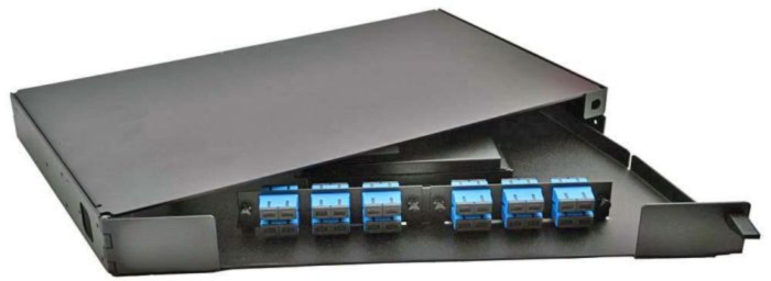 1RU Swing Out Patch Panel with 2 Duplex SC OM3 Plates & Tray - Black