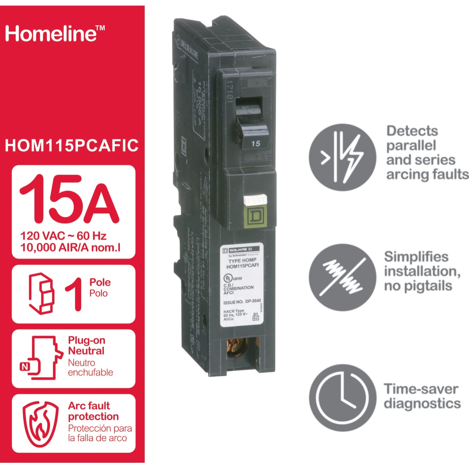 HOM115PCAFIC | Square D Homeline 15A 1-Pole Plug-On Neutral CAFCI Circuit Breaker