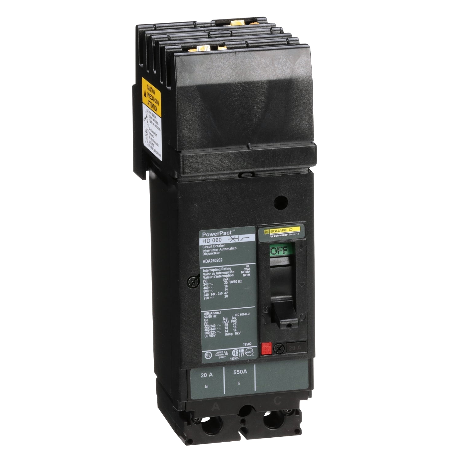 HDA260202 | Square D 20A 2-Pole 600V PowerPact H-Frame Thermal-Magnetic I-Line Circuit Breaker