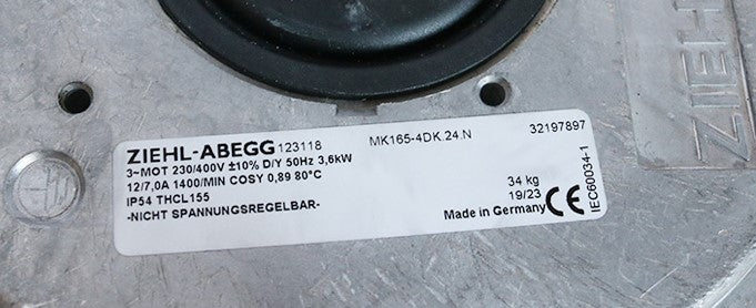 MK165-4DK.24.N ZIEHL-ABEGG centrifugal Fan Motor 3-230/400V 3.5-3.8KW 50/60hz for Atlas GA55 Air Compressor