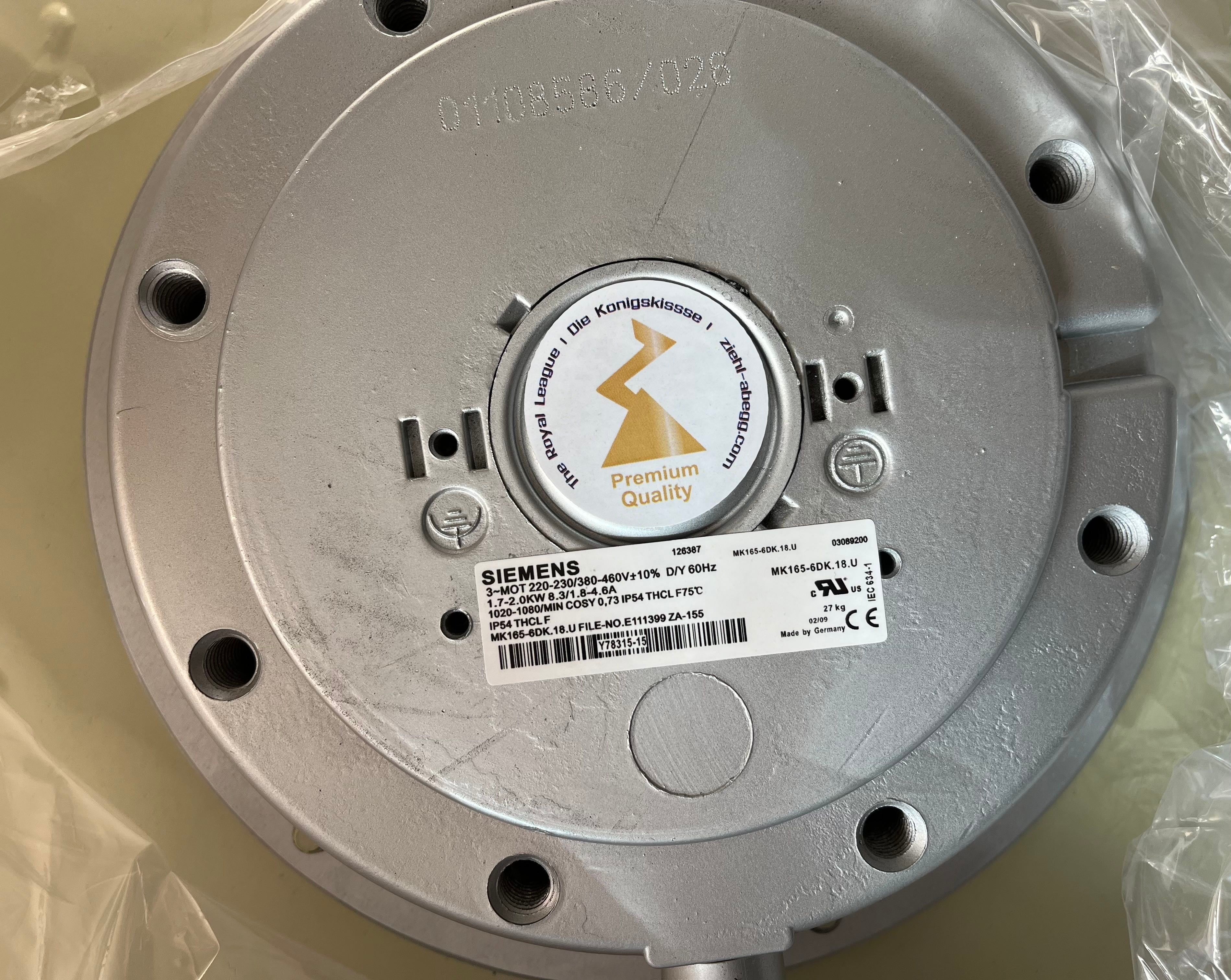 MK165-6DK.18.U ZIEHL-ABEGG for Air Compressor Fan Motor 3~230/460V 2.0-1.7kW 8.3-4.6A 1020-1080rpm