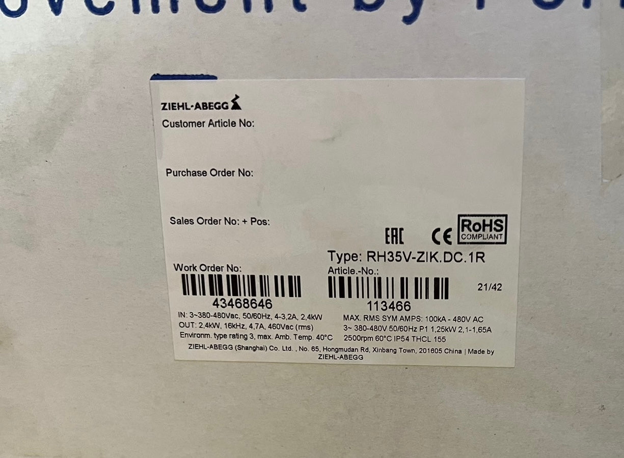 Brand new RH35V-ZlK.DC.1R  ZIEHL-ABEGG centrifugal fan 200-277V/380-480V 0.86kW 2200RPM