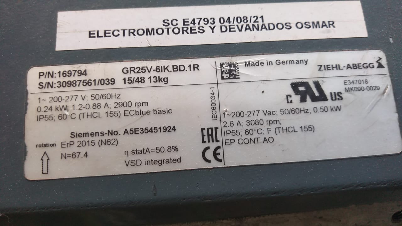 GR25V-6IK.BD.1R ZIEHL-ABEGG centrifugal fan 200-277V 0.24kW 1.2/0.88A 2900rpm