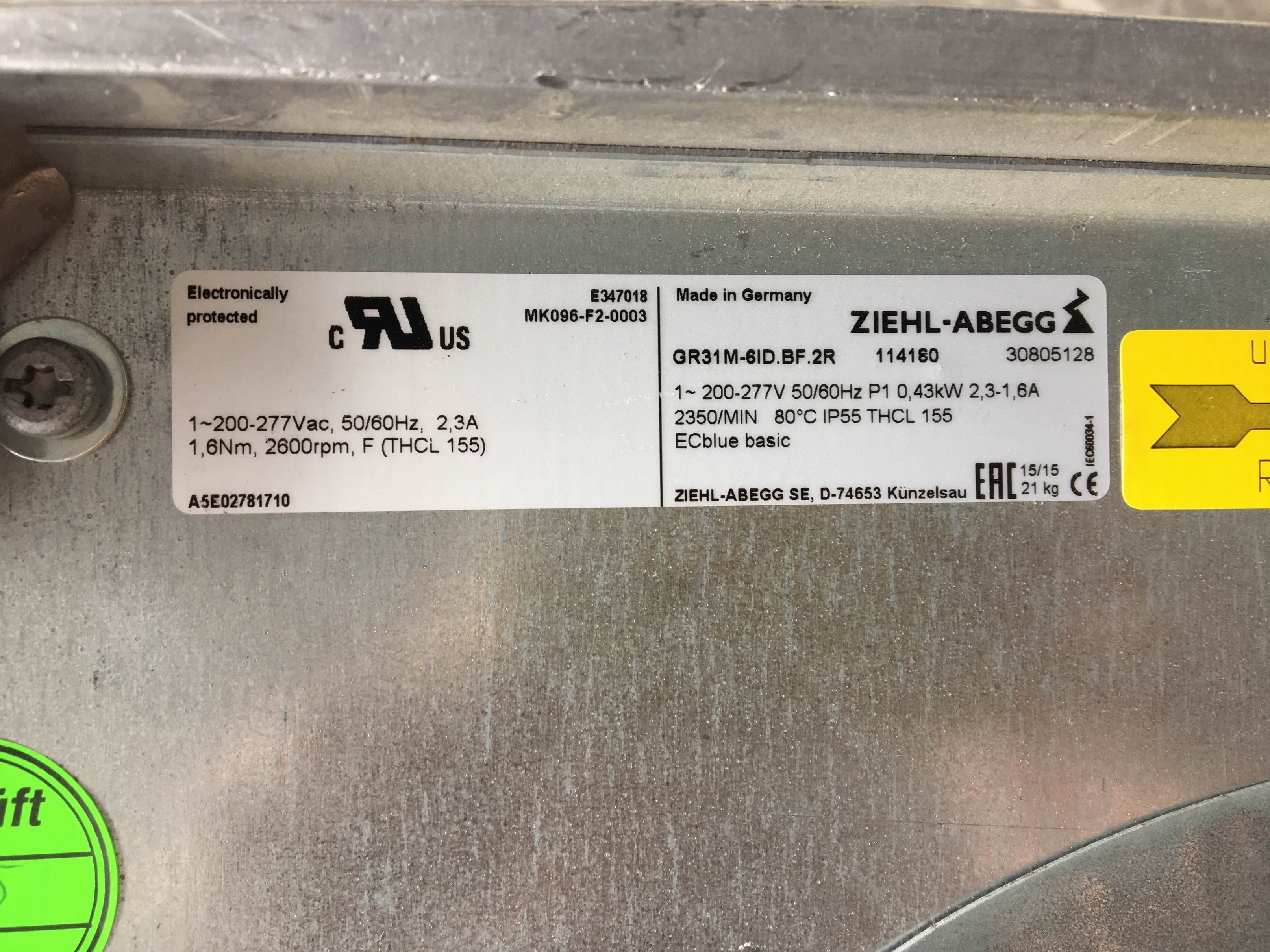GR31M-6ID.BF.2R  ZIEHL-ABEGG centrifugal fan 200-277V 0.38KW 1.9/1.35A 2350rpm