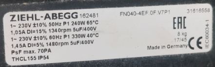 FN040-4EF.0F.V7P1  ZIEHL-ABEGG Axial Fan 0.33/0.24kW 3~400-460V 1.45/1.05A