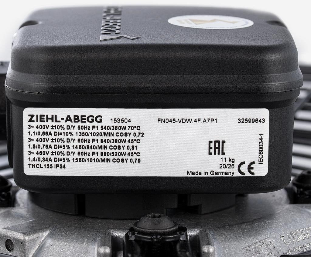 FN045-VDK.4F.A7P1  ZIEHL-ABEGG Axial Fan 400V 0.88/0.36W 1.5/0.66A 1560/1350rpm
