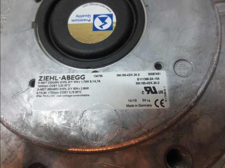 ZIEHL-ABEGG MK165-4DK.24.U Industrial Centrifugal Fan 230/400V 2.9kW 1670RPM for Atlas Air Compressors
