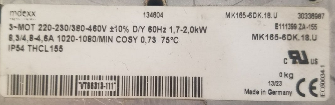 MK165-6DK.18.U ZIEHL-ABEGG for Air Compressor Fan Motor 3~230/460V 2.0-1.7kW 8.3-4.6A 1020-1080rpm