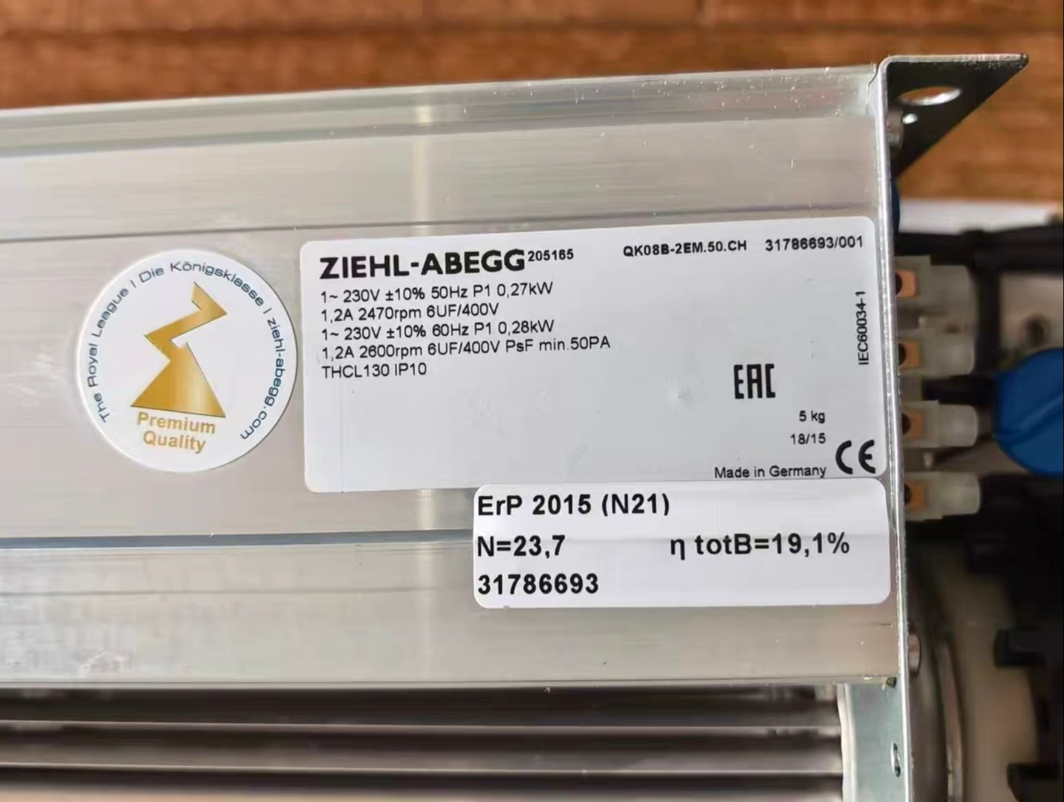QK08B-2EM.50.CH ZIEHL-ABEGG Crossflow fan 1~230V 0.27/0.28kW 1.2A 2470/2600rpm