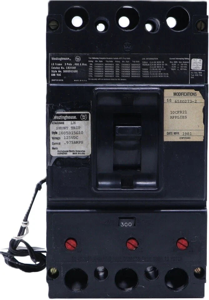WESTINGHOUSE LB3400 Molded Case Circuit Breaker 3 Pole 400A 600VAC Industrial Power Protection