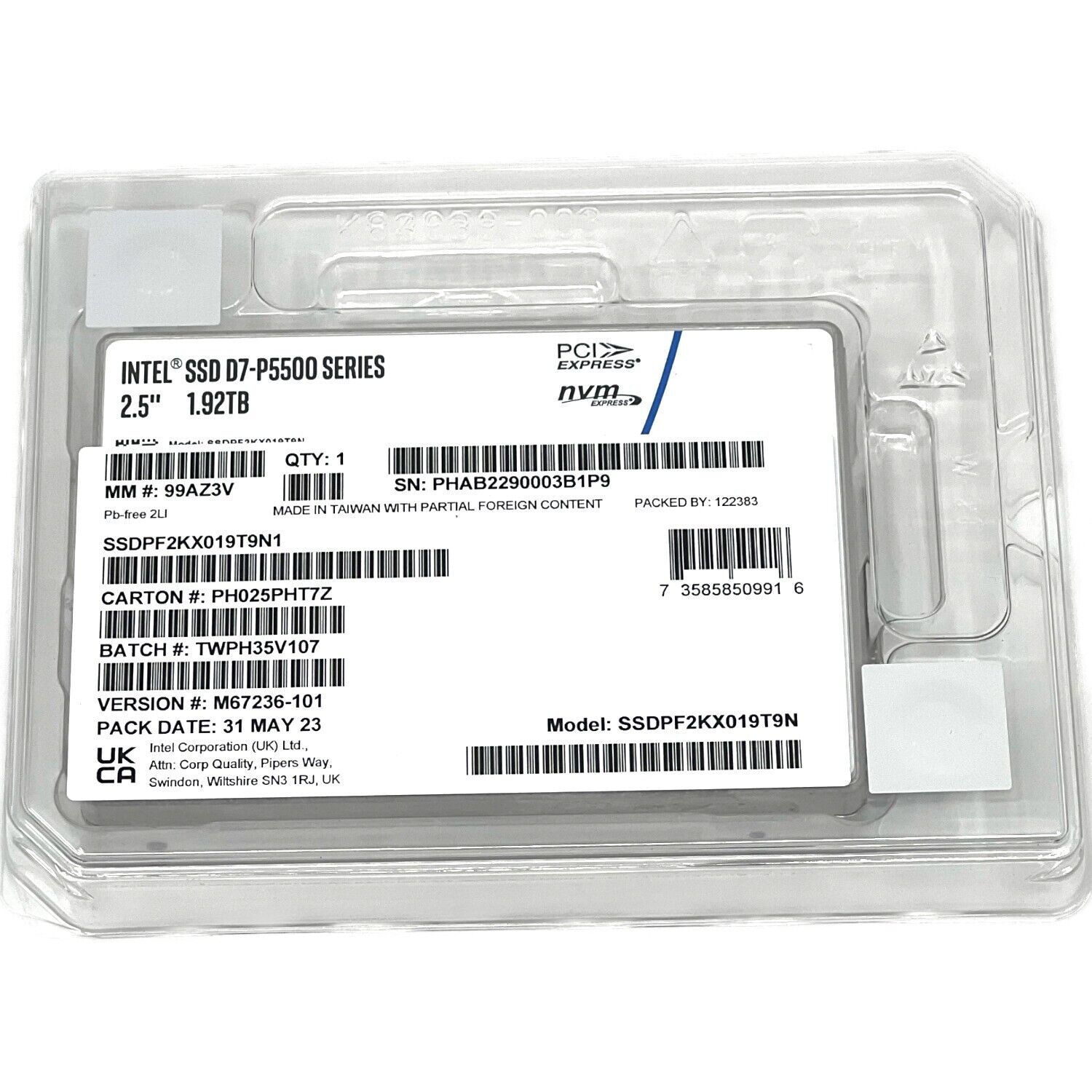 Intel P5500 SSDPF2KX019T9N1 M67236-101 1.92TB PCIe Gen 4.0 x4 8GB/s 3D TLC 1DWPD U.2 NVMe 2.5in Refurbished SSD