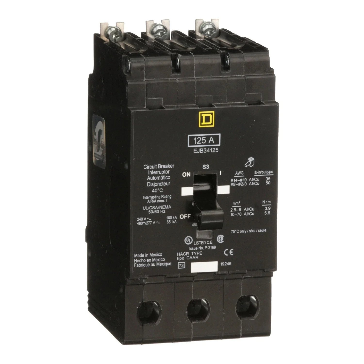 EJB34125 | Schneider Electric Three Pole Thermal Magnetic Molded Case Circuit Breaker 125A 480Y/277VAC