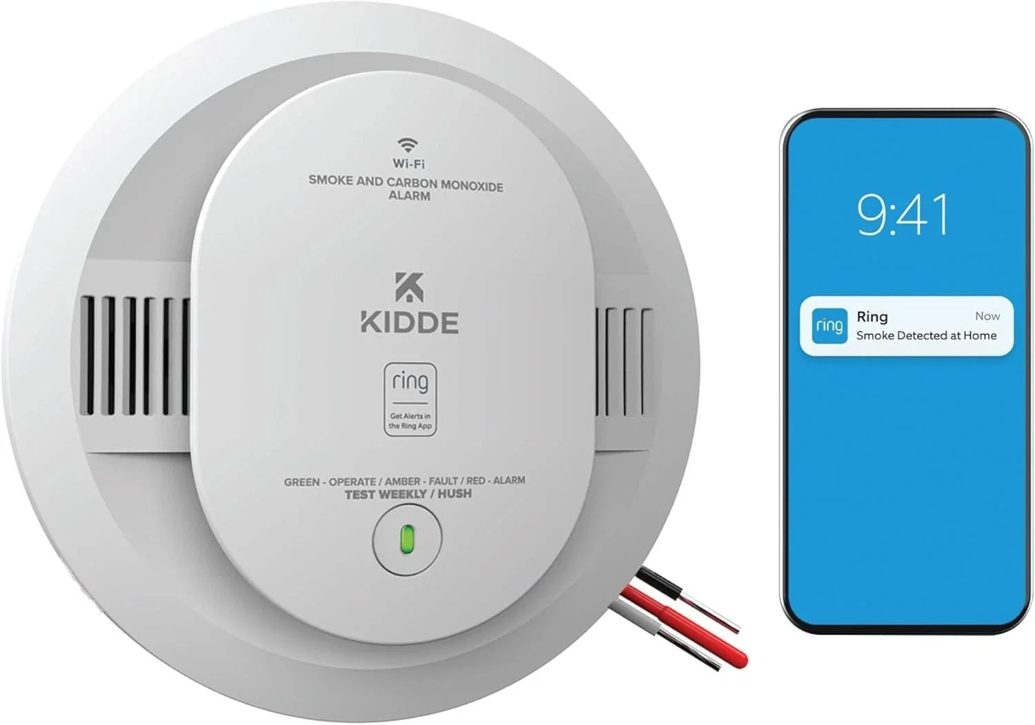 Kidde RGCUAR-RW Ring Smart Hardwired Smoke & Carbon Monoxide Alarm with 2 AA Battery Backup