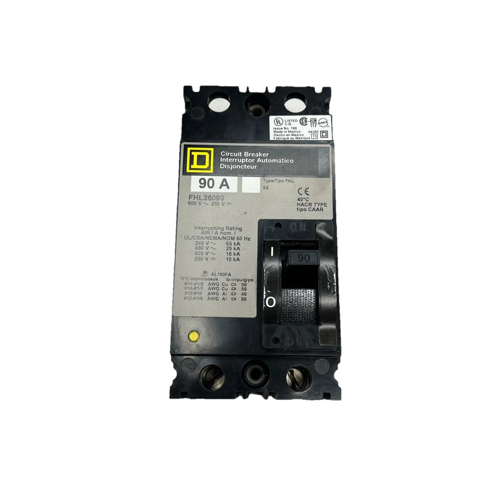FHL26090 | Square D 2-Pole 90A 600VAC Thermal Magnetic Molded Case Circuit Breaker