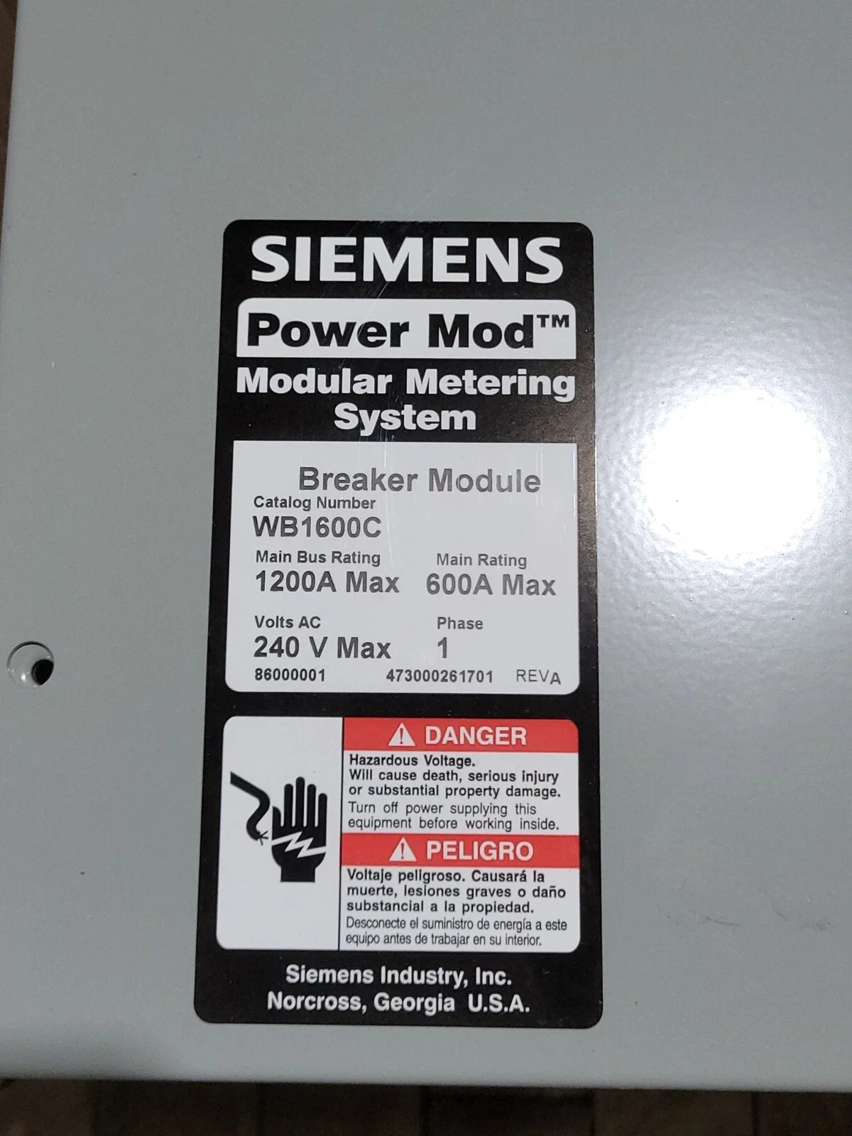 Siemens WB1600C 600A Service Entrance Breaker Module 1PH 65kA NEMA 3R Power Panel