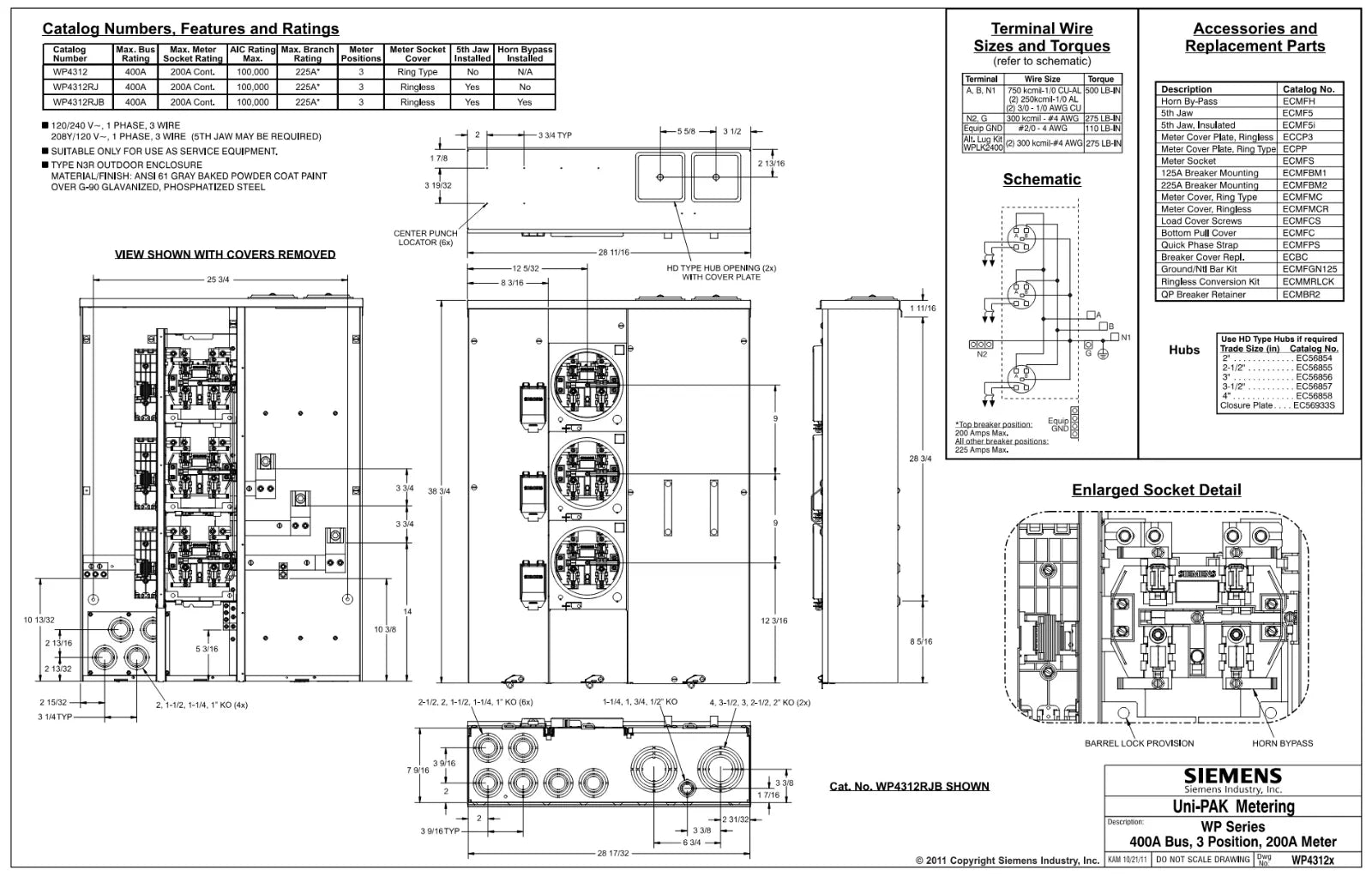 Siemens WP4312RJB Uni-Pak 400A 3-Gang Meter Pack 225A Ringless Horn Bypass NEMA 3R