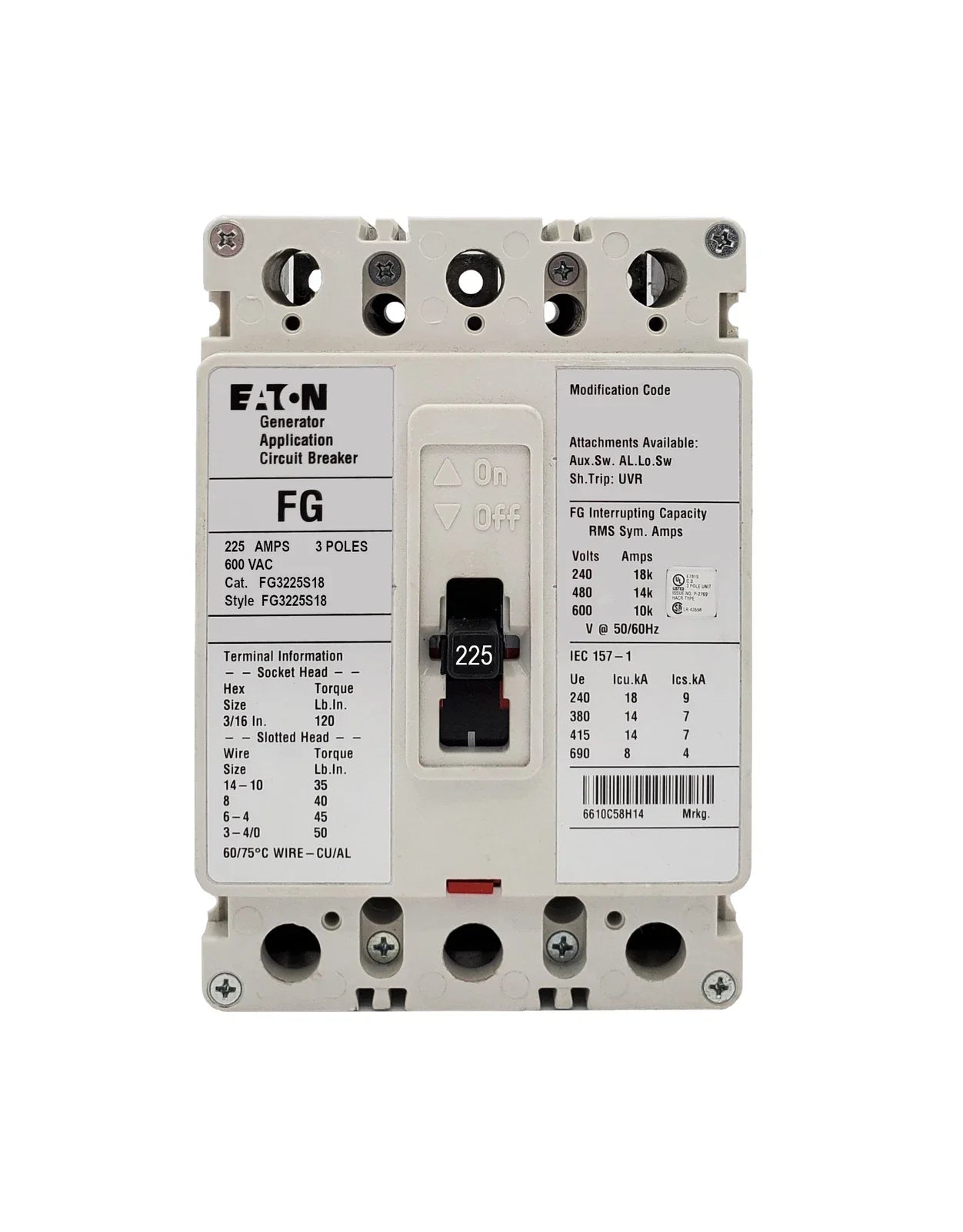 FG3225S18 | Eaton FG Frame 225A 3-Pole Molded Case Circuit Breaker