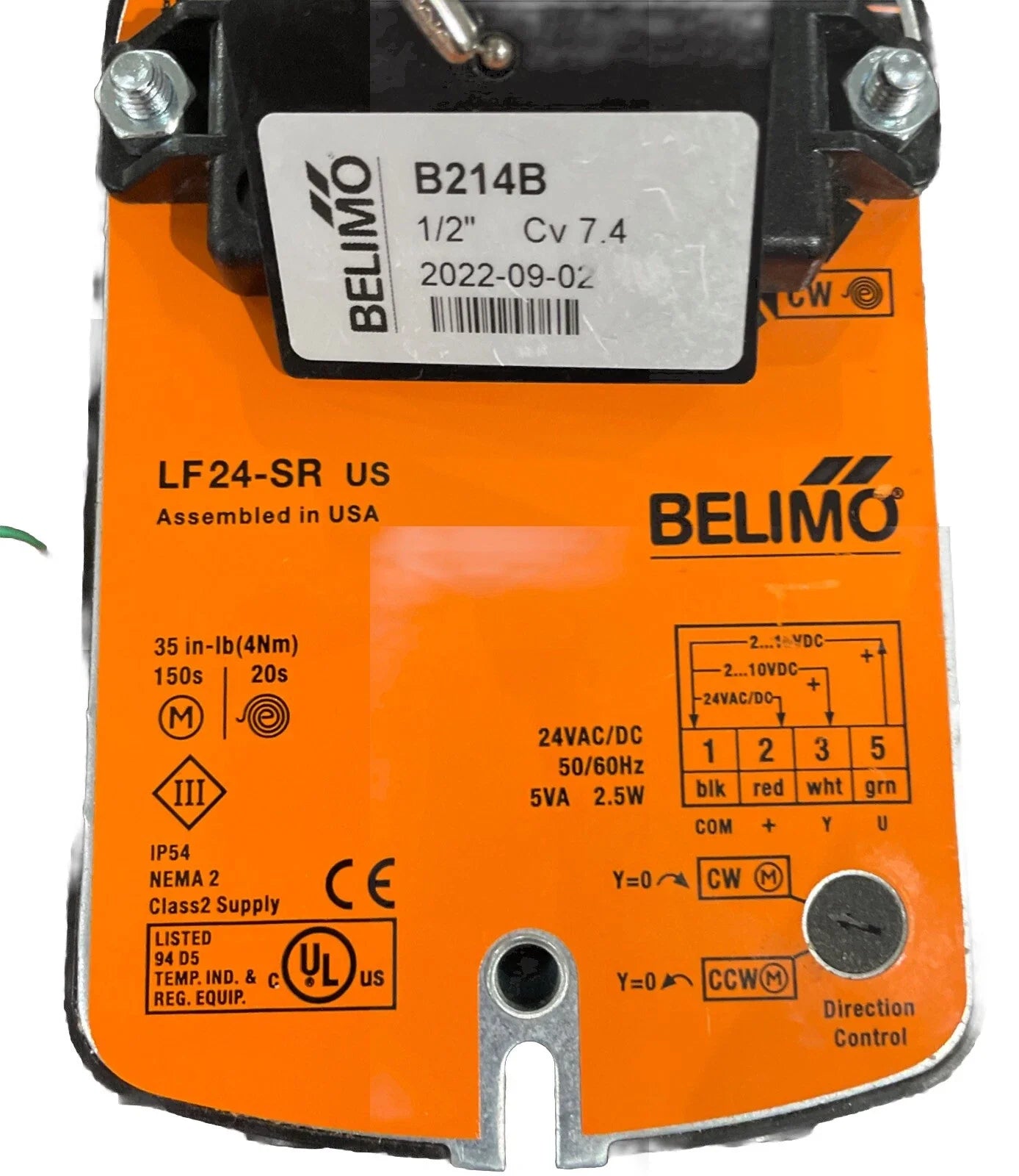 B214B+LF24-SR US | Belimo Half Inch Two Way Characterized Ball Control Valve With Spring Return Actuator