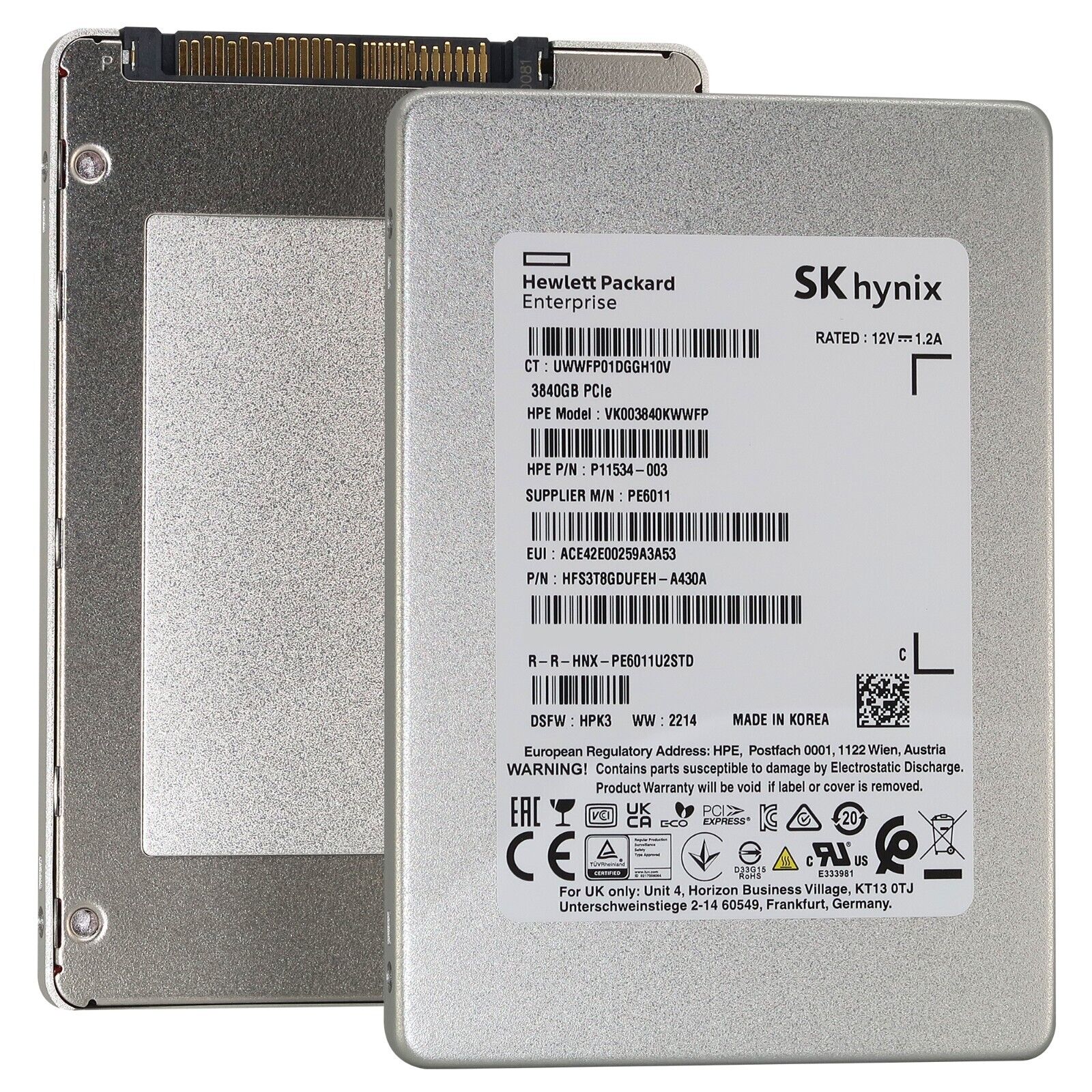 HP / SK Hynix PE6011 P11534-003 3.84TB PCIe Gen 3.0 x4 4GB/s 3D TLC U.2 NVMe 2.5in Recertified Solid State Drive