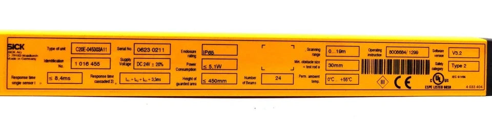 C20S-045103A11 | SICK Type 2 Safety Light Curtain Sender 450 MM Protective Height
