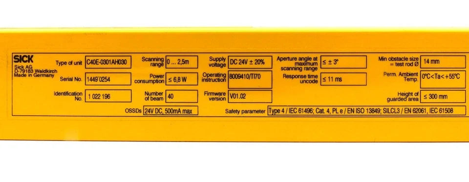 C40E-0301AH030 | SICK C4000 Basic Safety Light Curtain Receiver, 300 mm