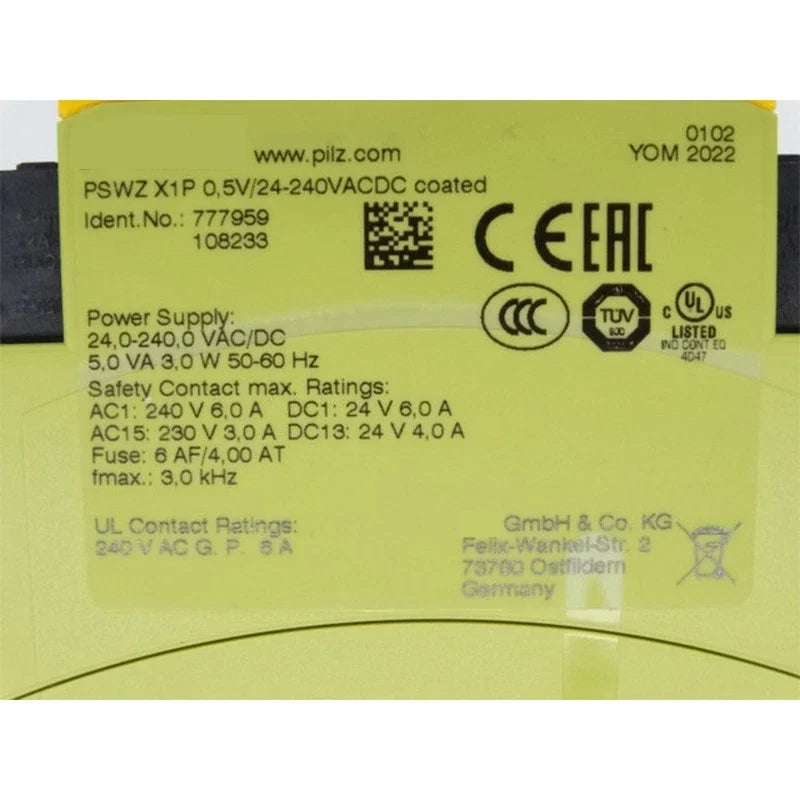 777959 | Pilz PSWZ X1P Standstill Monitoring Safety Relay 24 To 240VACDC Coated