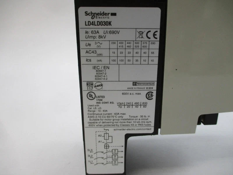 Schneider Electric LD4LD030K Contactor Breaker 63A 690V TeSys Integral 63
