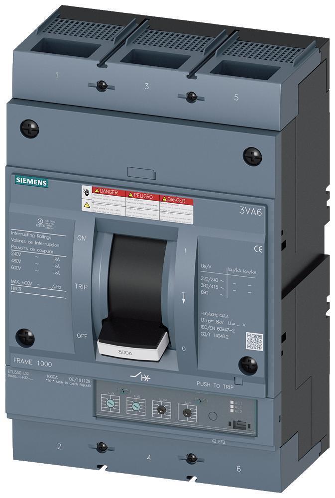 Siemens 3VA6580-6HN32-0AA0 Sentron 3VA6 Circuit Breaker 800A 3-Pole ETU350 LSI