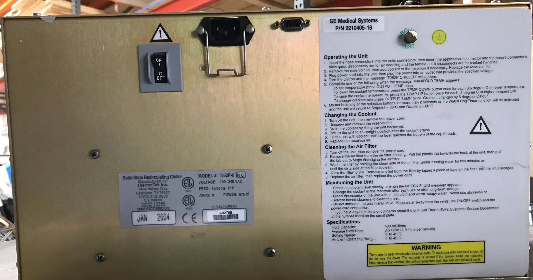 Solid State Recirculating Chiller (2210405-16/T252P-6/2375089-2/221405-10) GE