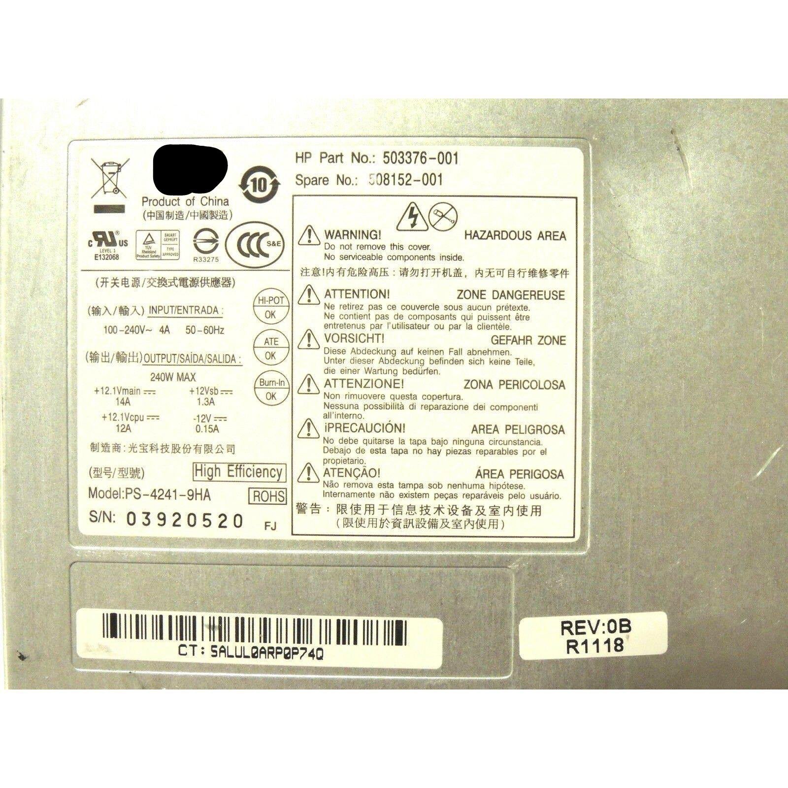 Genuine HP PS-4241-9HA Desktop PSU 240W ATX Power Supply PN 503376-001-FoxTI
