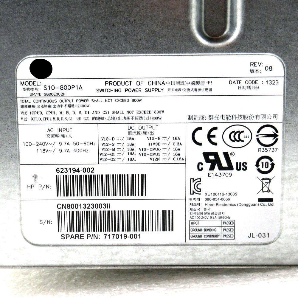 HP Z620 Workstation 800W Switching Power Supply 717019-001 623194-002 S10-800P1A-FoxTI